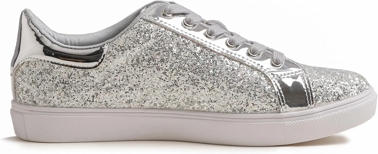 FEVERSOLE Women's Fashion Lace Up Dress Sneakers Sparkly Party Shiny Shoes