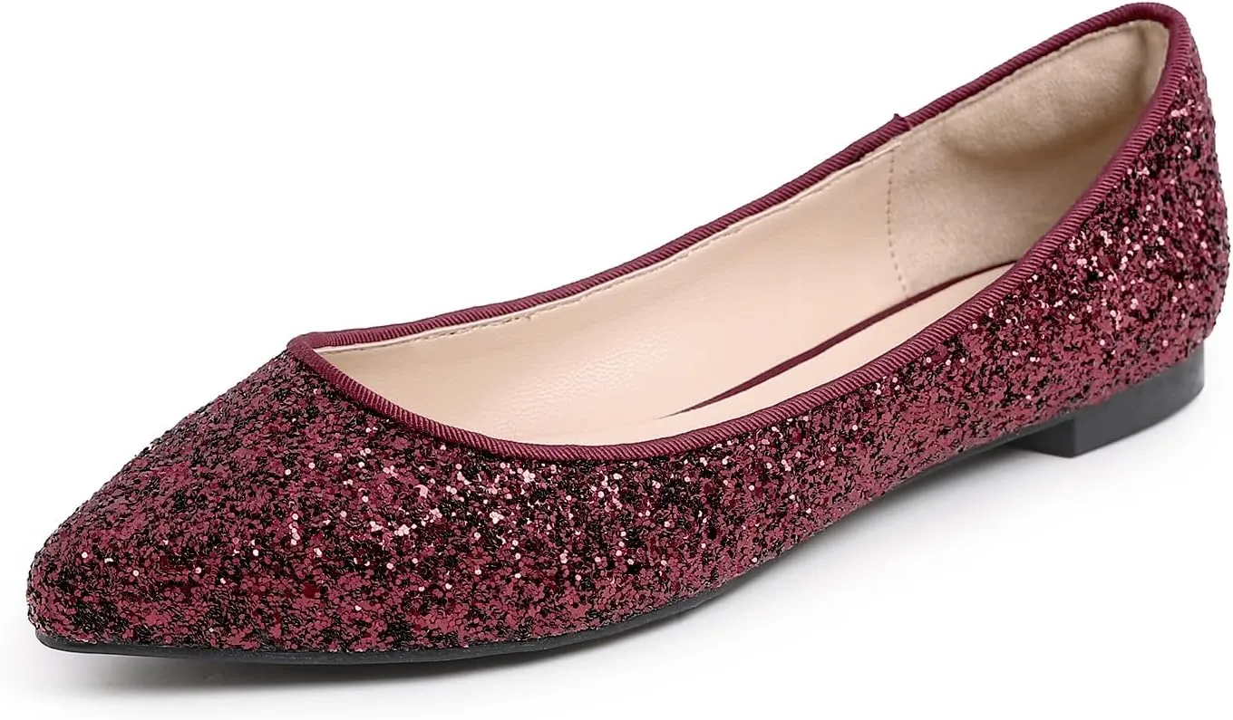 FEVERSOLE Women's Fashion Pointed Toe Classic Dressy Shiny Comfort Cushioned Flats