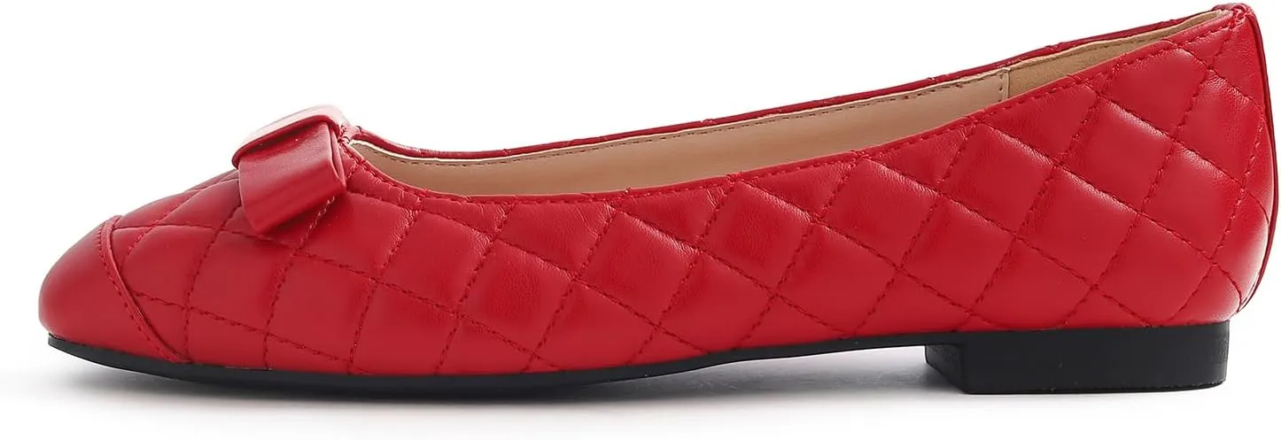 FEVERSOLE Women's Square Toe Fashion Bow Tie Dress Slip On Ballet Flats