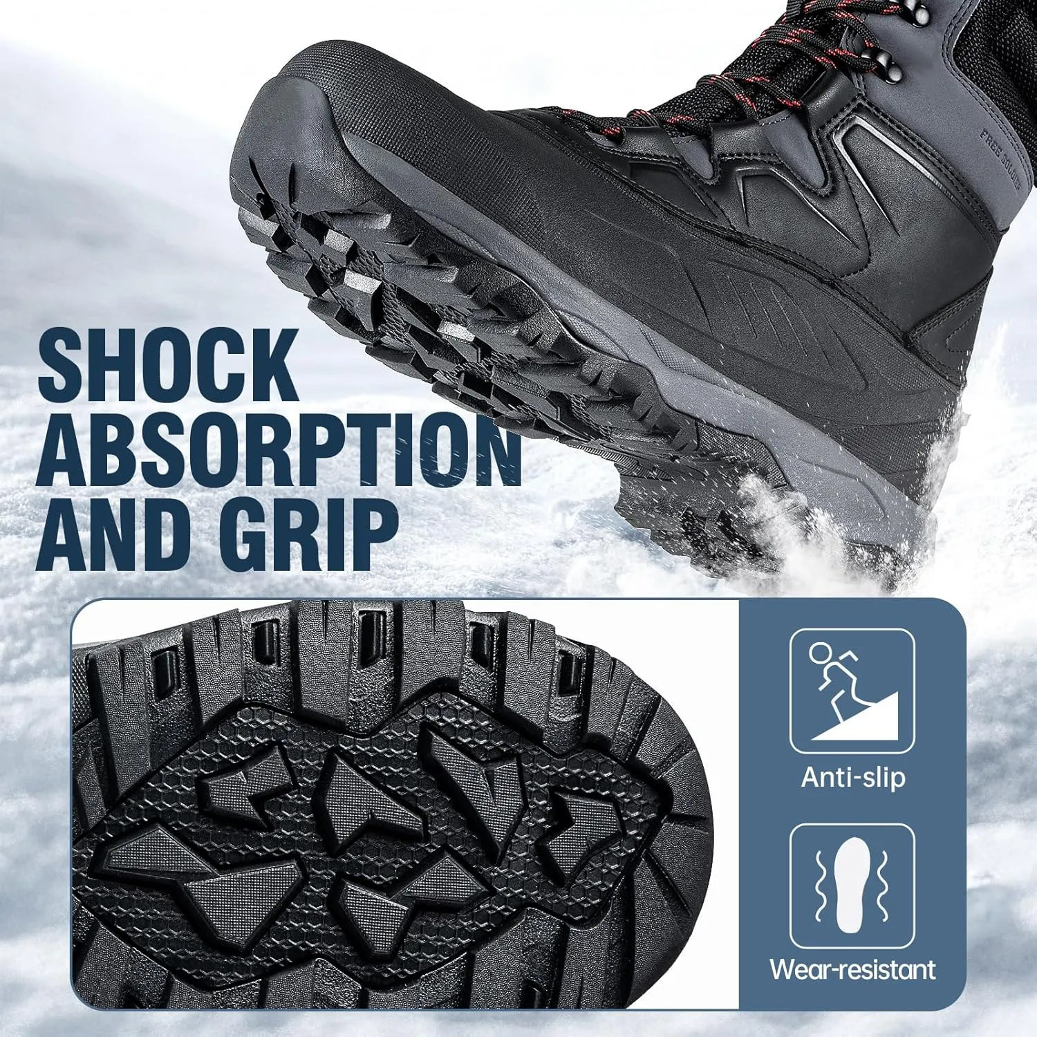 FREE SOLDIER Snow Boots for Men Winter Waterproof Non-slip Flock Outdoor Hiking Work Boots
