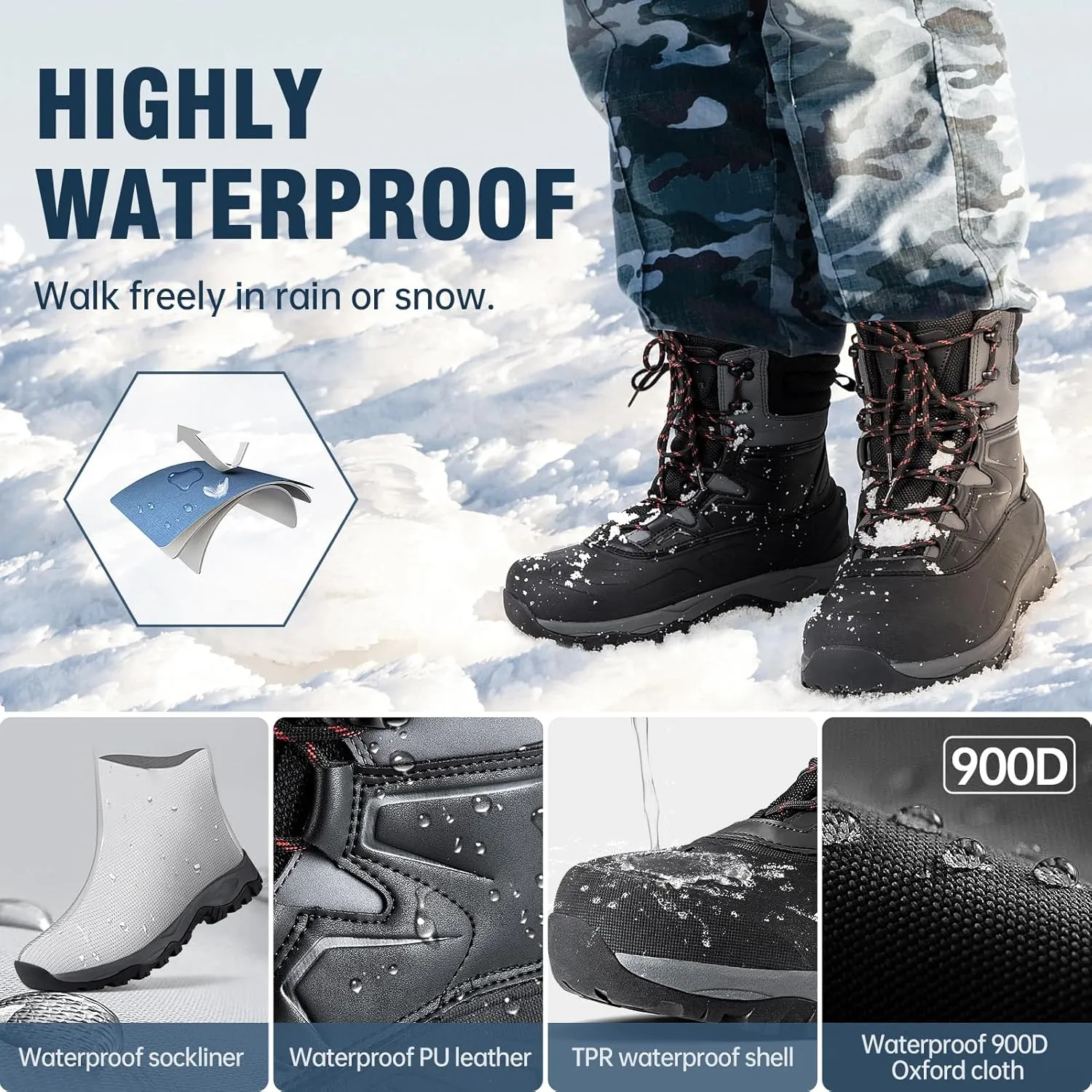 FREE SOLDIER Snow Boots for Men Winter Waterproof Non-slip Flock Outdoor Hiking Work Boots