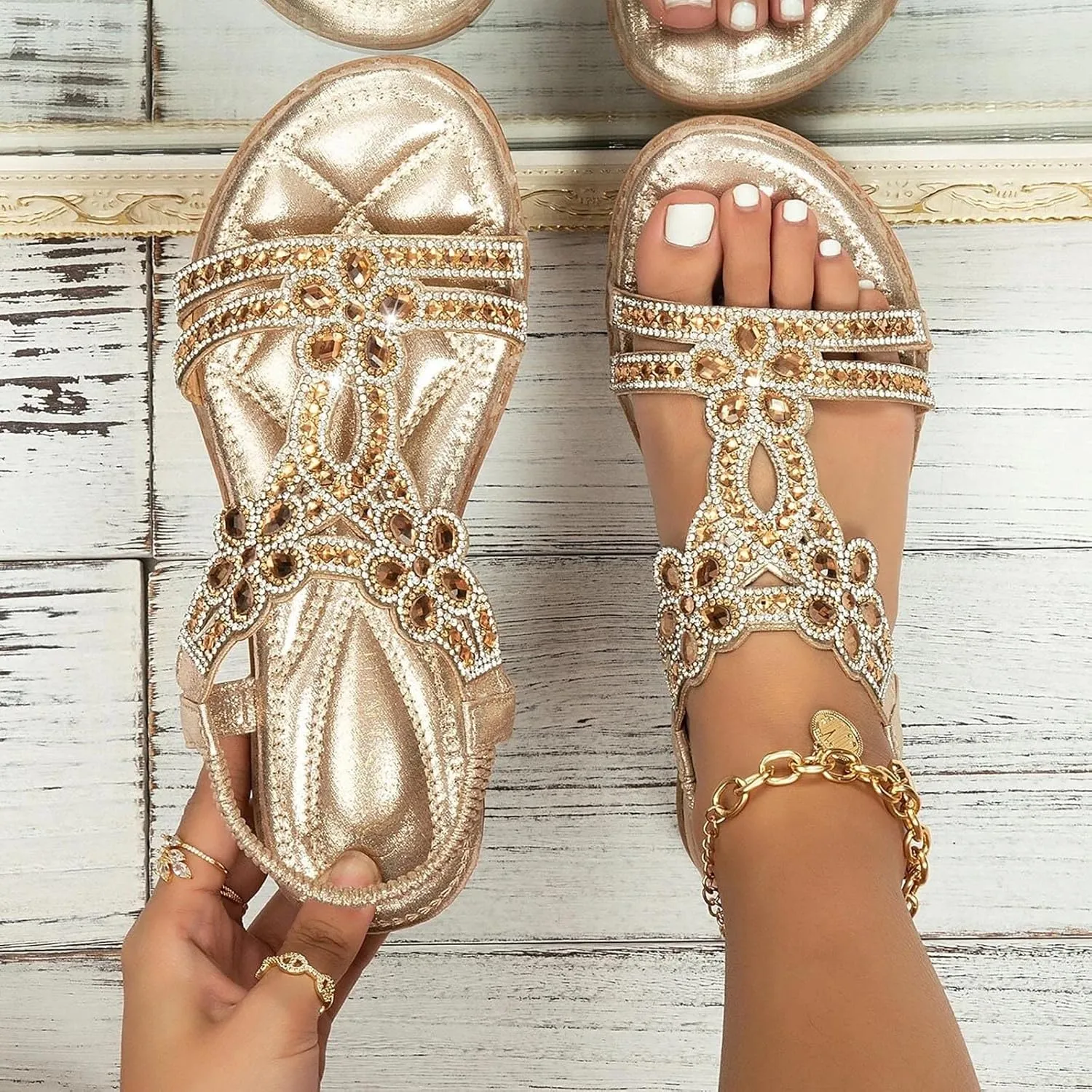 Fululuer Wedge Platform Sandals for Women, Glitter Strappy Wedge Heel, Rhinestone Glitter Crystal Slides