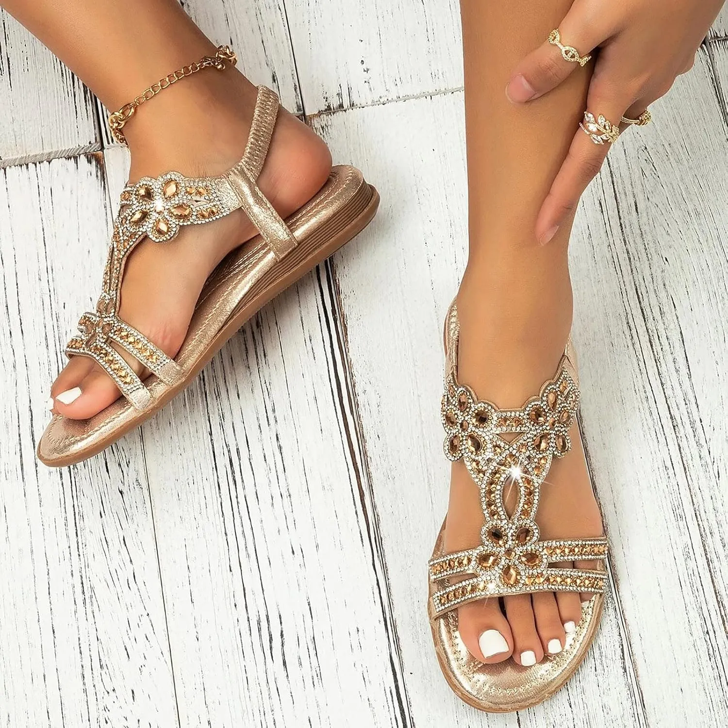 Fululuer Wedge Platform Sandals for Women, Glitter Strappy Wedge Heel, Rhinestone Glitter Crystal Slides