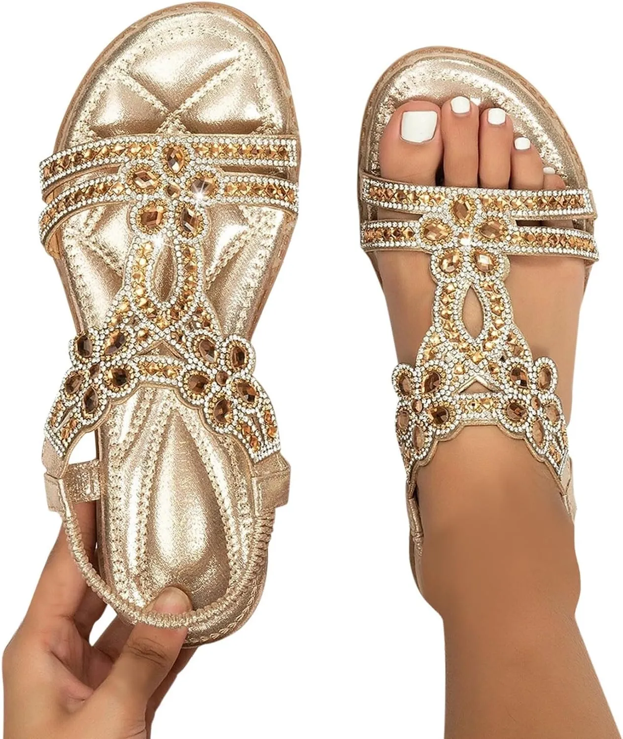 Fululuer Wedge Platform Sandals for Women, Glitter Strappy Wedge Heel, Rhinestone Glitter Crystal Slides