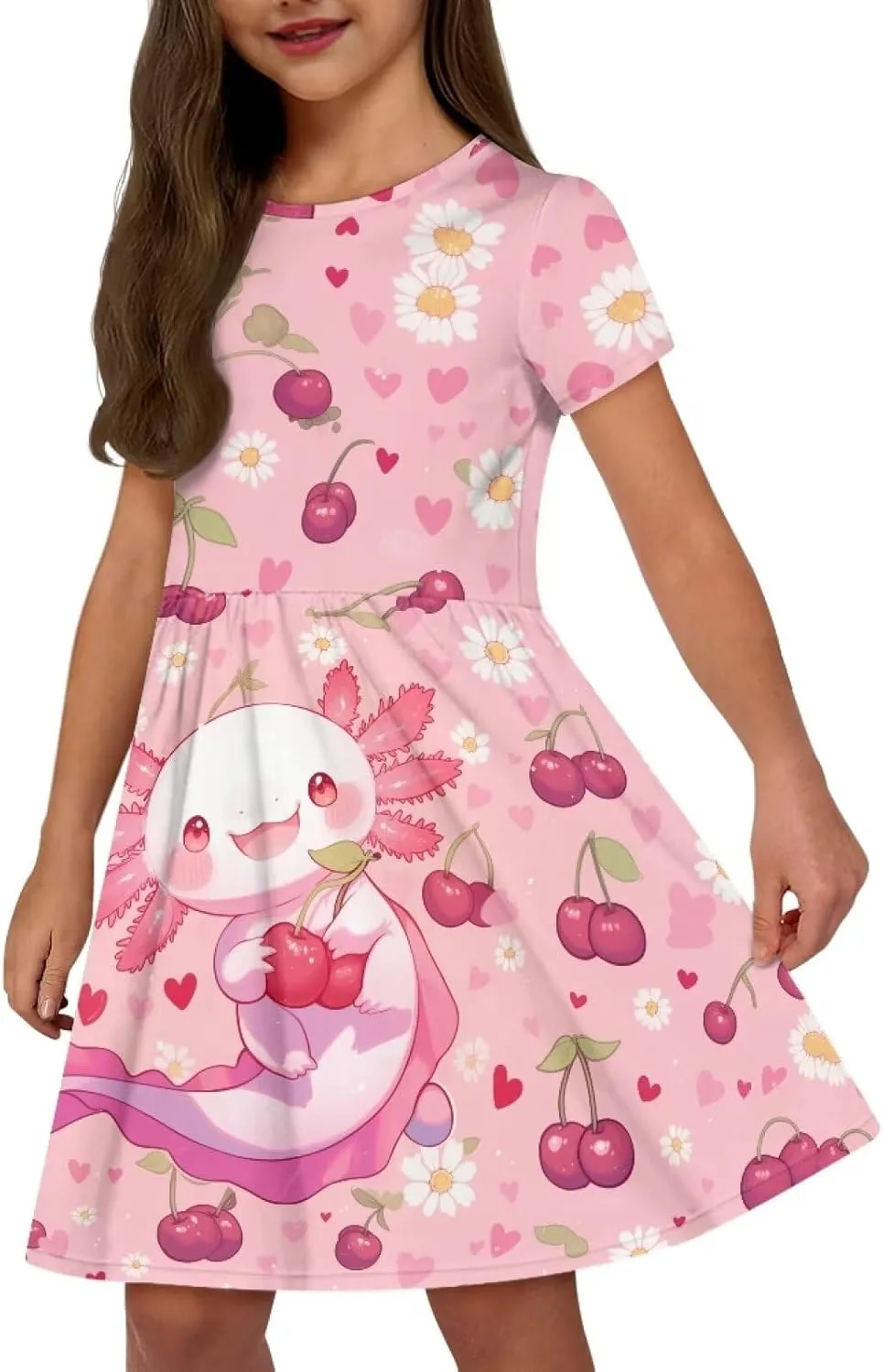 Girls Dresses Size 2-14 Kids Summer Short Sleeve Beach Dresses Casual Midi Dress Crewneck A Line