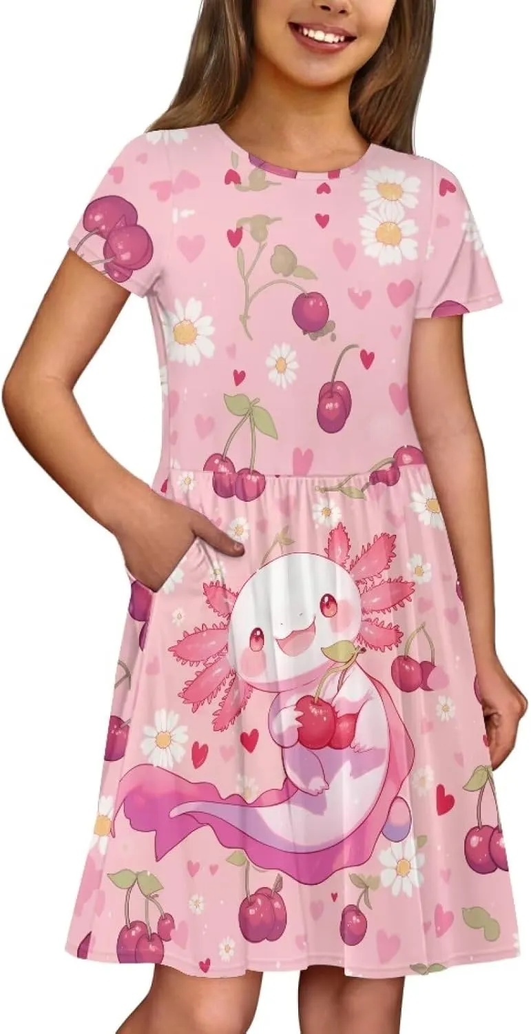 Girls Dresses Size 2-14 Kids Summer Short Sleeve Beach Dresses Casual Midi Dress Crewneck A Line
