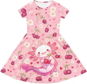 Girls Dresses Size 2-14 Kids Summer Short Sleeve Beach Dresses Casual Midi Dress Crewneck A Line