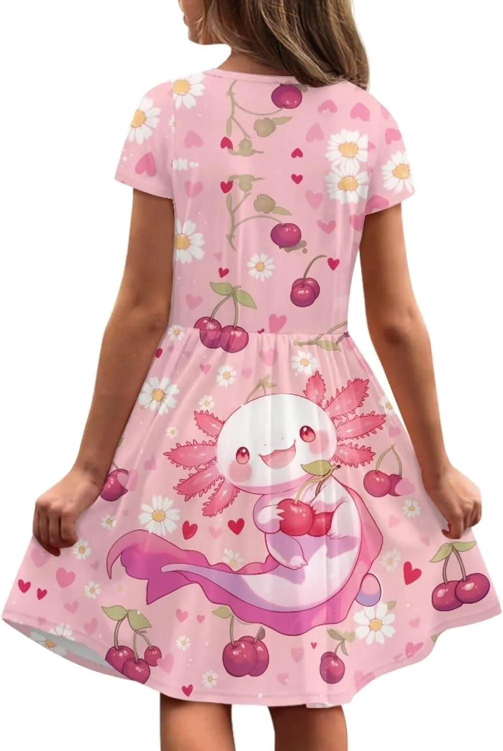 Girls Dresses Size 2-14 Kids Summer Short Sleeve Beach Dresses Casual Midi Dress Crewneck A Line