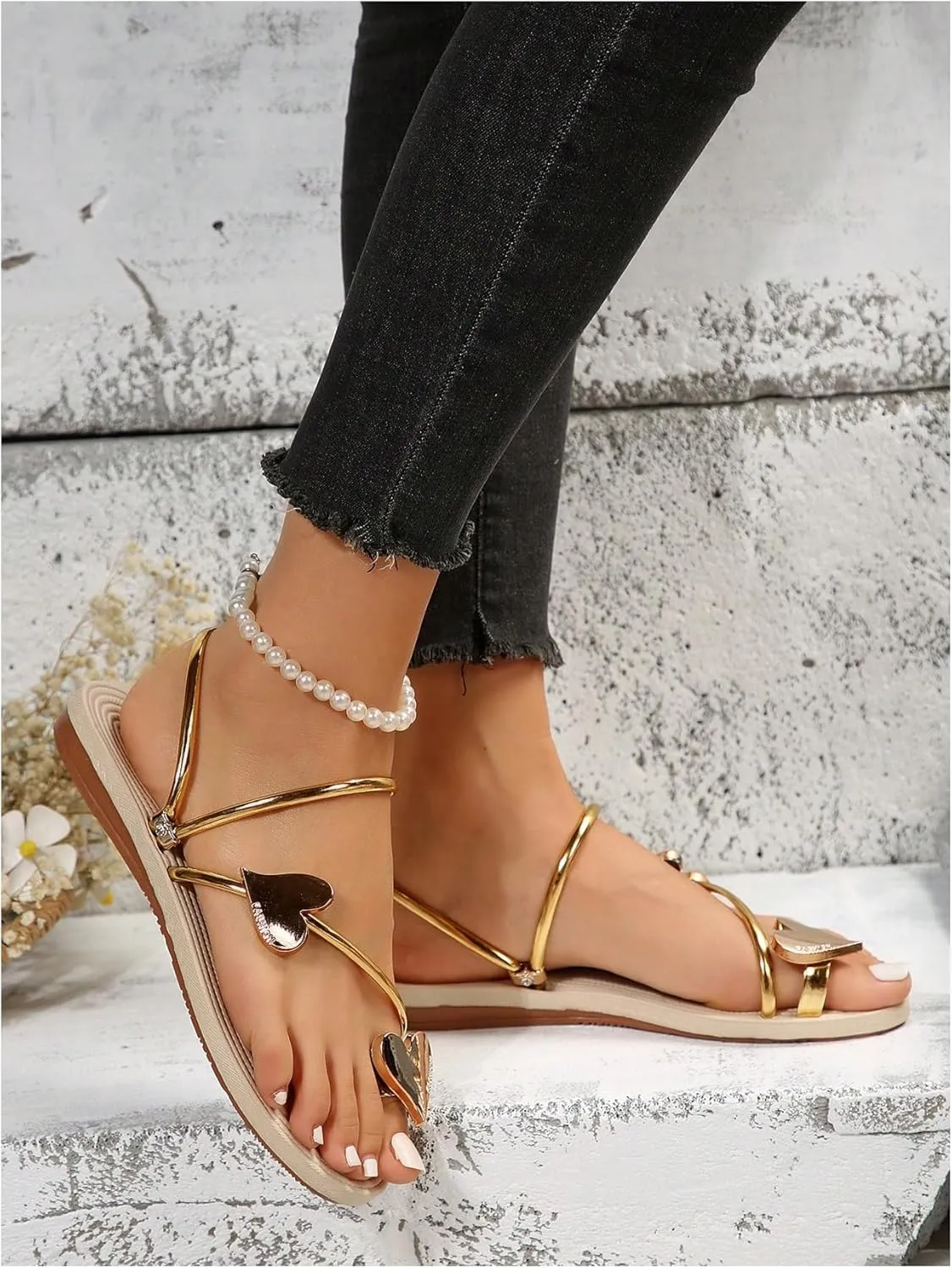 GORGLITTER Women's Butterfly Metallic Sandals Dressy Sparkly Rhinestone Strappy Toe Ring Slide Flats Sandal