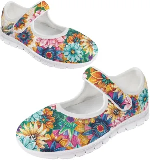 GOSTONG Women's Art Flowers Casual Shoes Single Buckle Sneakers Lightweight Non Slip Walking Shoes for Daily Wear White Size 5.5-10