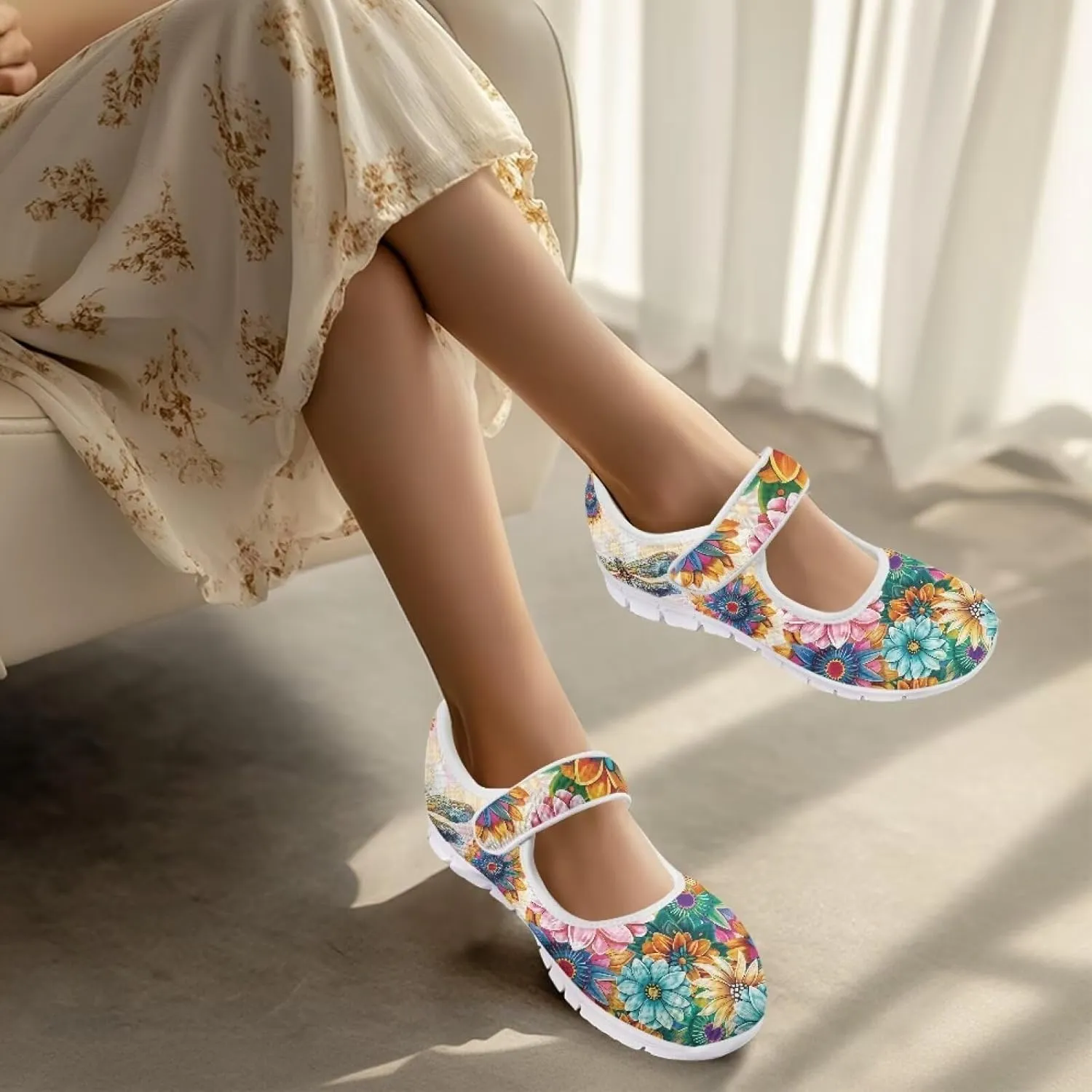 GOSTONG Women's Art Flowers Casual Shoes Single Buckle Sneakers Lightweight Non Slip Walking Shoes for Daily Wear White Size 5.5-10