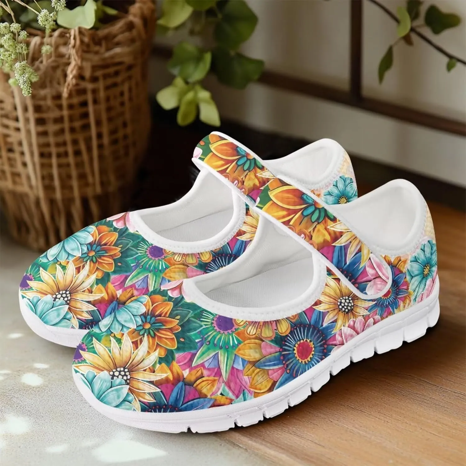 GOSTONG Women's Art Flowers Casual Shoes Single Buckle Sneakers Lightweight Non Slip Walking Shoes for Daily Wear White Size 5.5-10