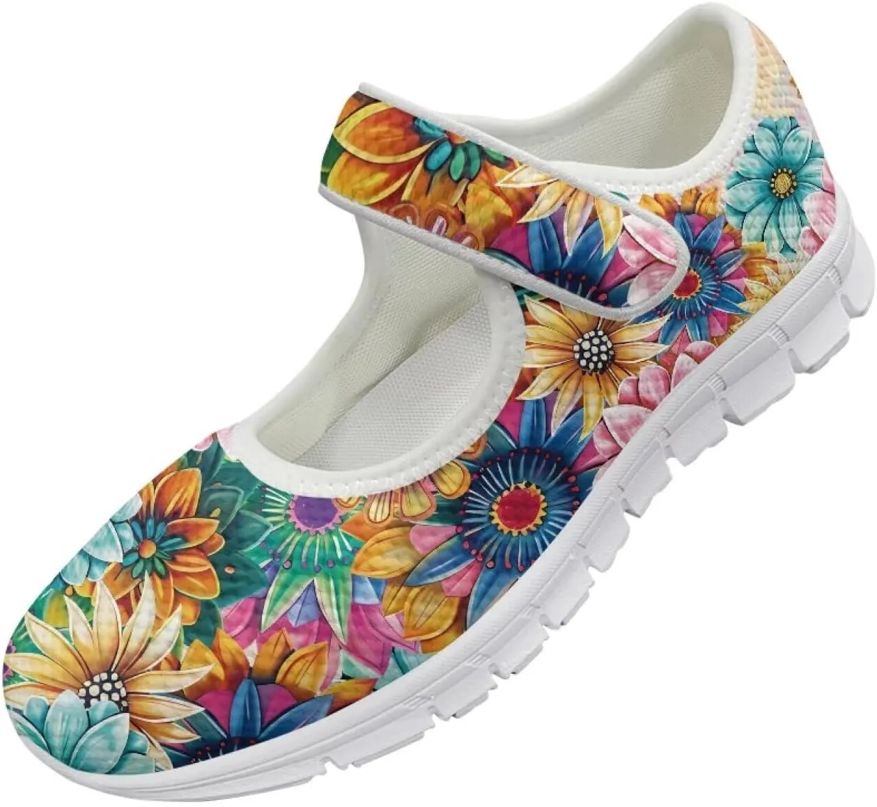 GOSTONG Women's Art Flowers Casual Shoes Single Buckle Sneakers Lightweight Non Slip Walking Shoes for Daily Wear White Size 5.5-10