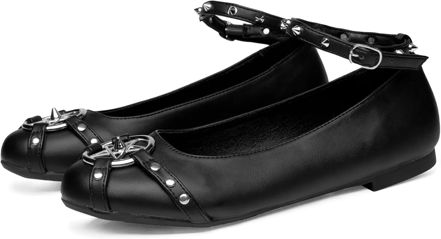 Gothniero Womens Black Flats with Studs and Adjustable Strap Dressy Comfotable Ballet Flats for Women Dressy Flats Slip on Round Toe Shoes