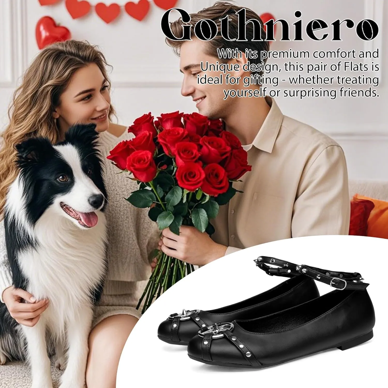 Gothniero Womens Black Flats with Studs and Adjustable Strap Dressy Comfotable Ballet Flats for Women Dressy Flats Slip on Round Toe Shoes
