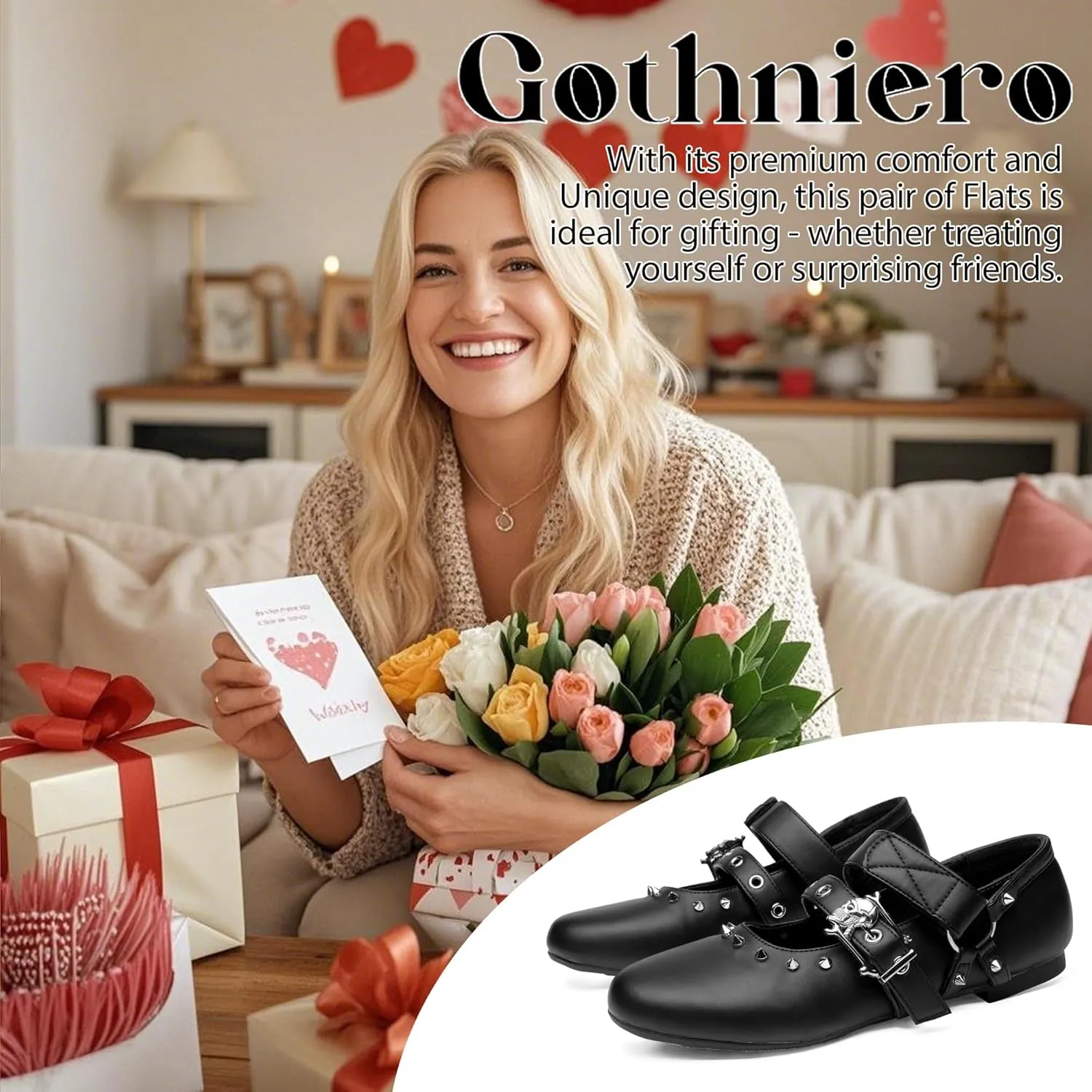 Gothniero Womens Black Flats with Studs and Adjustable Strap Dressy Comfotable Ballet Flats for Women Dressy Flats Slip on Round Toe Shoes