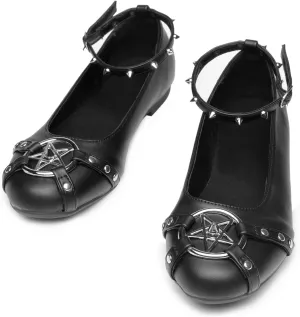 Gothniero Womens Black Flats with Studs and Adjustable Strap Dressy Comfotable Ballet Flats for Women Dressy Flats Slip on Round Toe Shoes