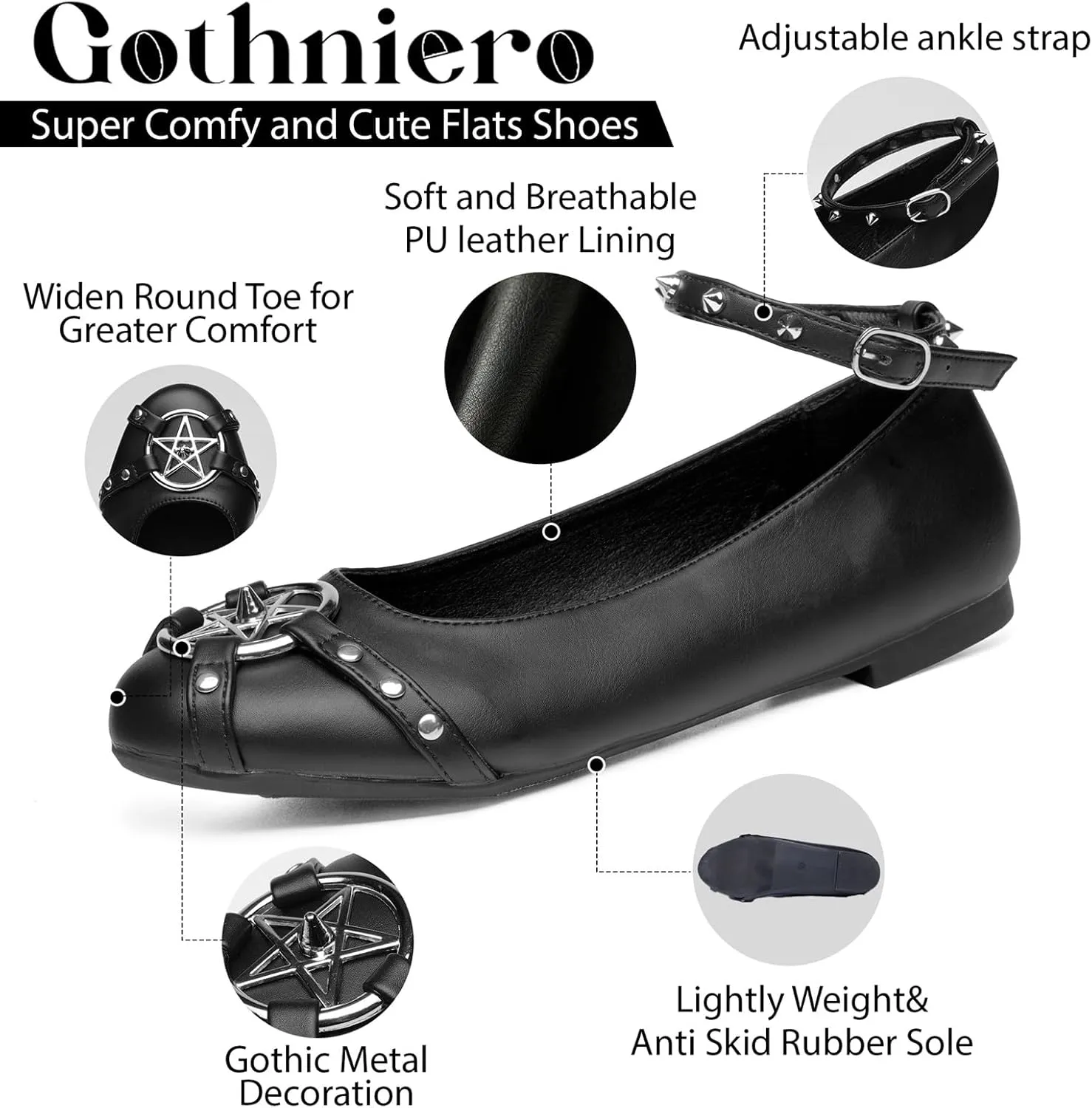 Gothniero Womens Black Flats with Studs and Adjustable Strap Dressy Comfotable Ballet Flats for Women Dressy Flats Slip on Round Toe Shoes