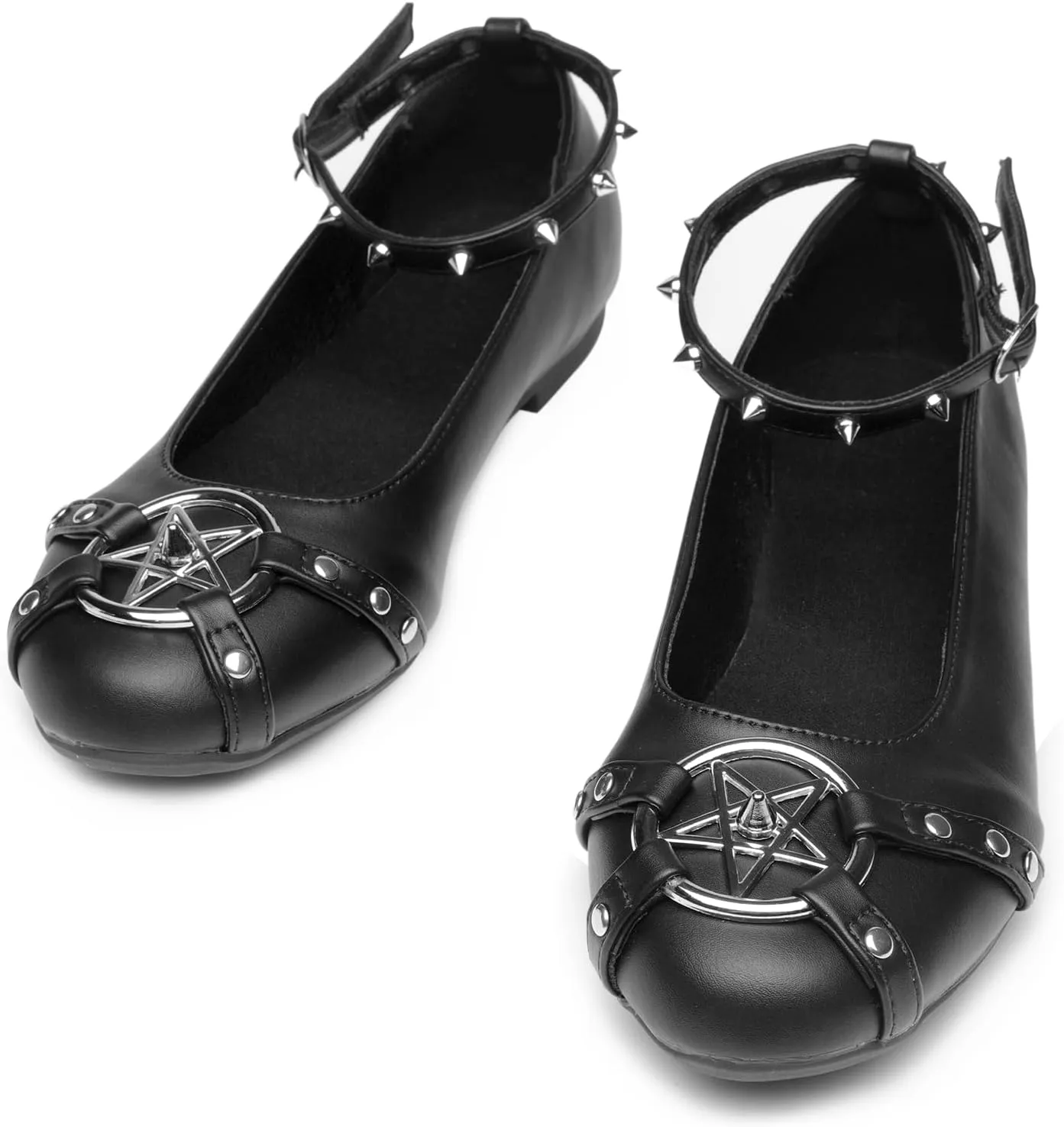 Gothniero Womens Black Flats with Studs and Adjustable Strap Dressy Comfotable Ballet Flats for Women Dressy Flats Slip on Round Toe Shoes