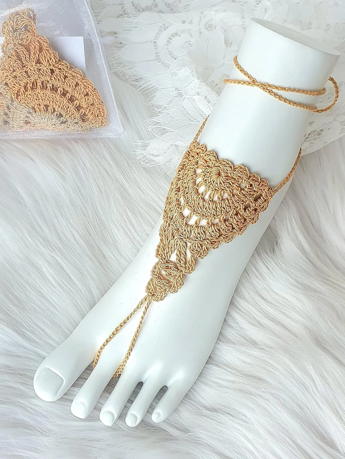 Handmade Barefoot Sandals, Crochet Boho Bridal Shoes for Beach Weddings, Comfy Foot Jewelry for Women, Adjustable Lace Bottomless Footwear (Gold)