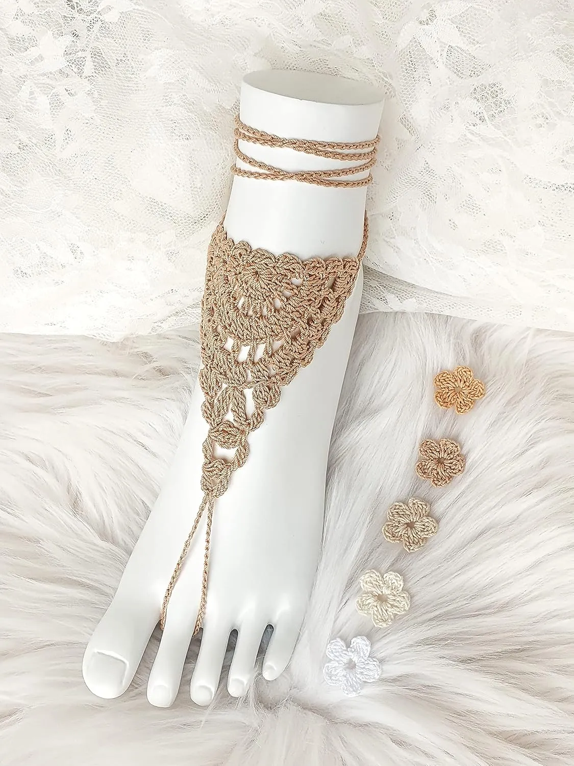 Handmade Barefoot Sandals, Crochet Boho Bridal Shoes for Beach Weddings, Comfy Foot Jewelry for Women, Adjustable Lace Bottomless Footwear (Gold)
