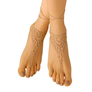 Handmade Barefoot Sandals, Crochet Boho Bridal Shoes for Beach Weddings, Comfy Foot Jewelry for Women, Adjustable Lace Bottomless Footwear (Gold)
