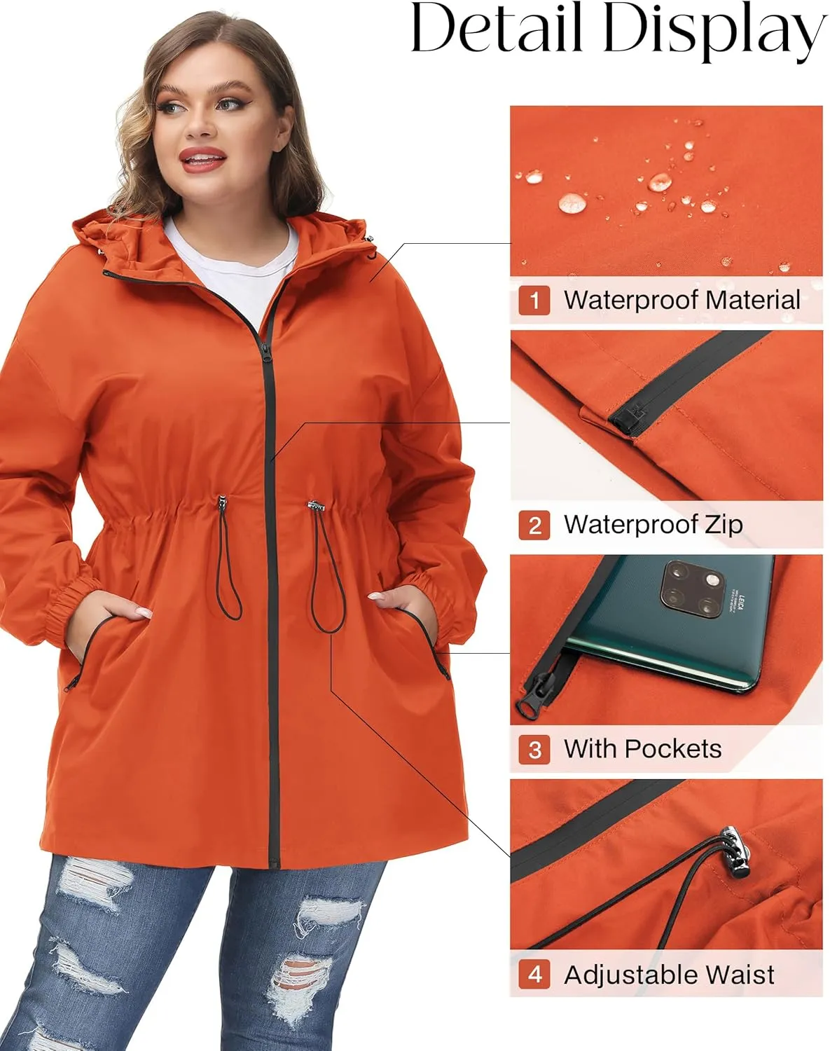 Hanna Nikole Women's Plus Size Long Hooded Raincoat Lightweight Waterproof Windbreaker Jacket