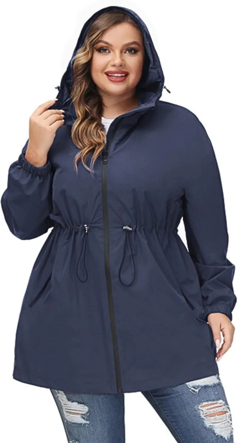 Hanna Nikole Women's Plus Size Long Hooded Raincoat Lightweight Waterproof Windbreaker Jacket