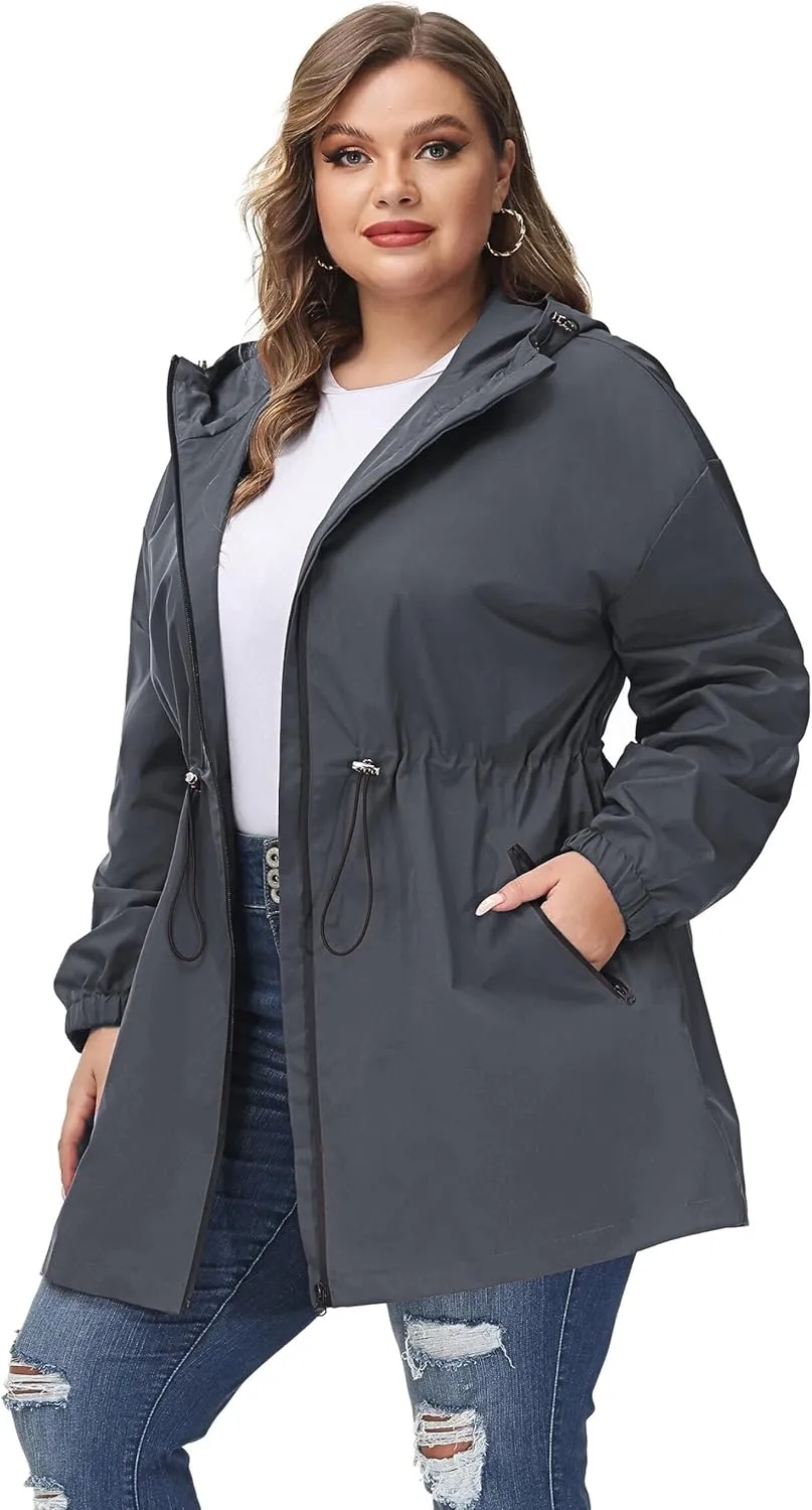 Hanna Nikole Women's Plus Size Long Hooded Raincoat Lightweight Waterproof Windbreaker Jacket
