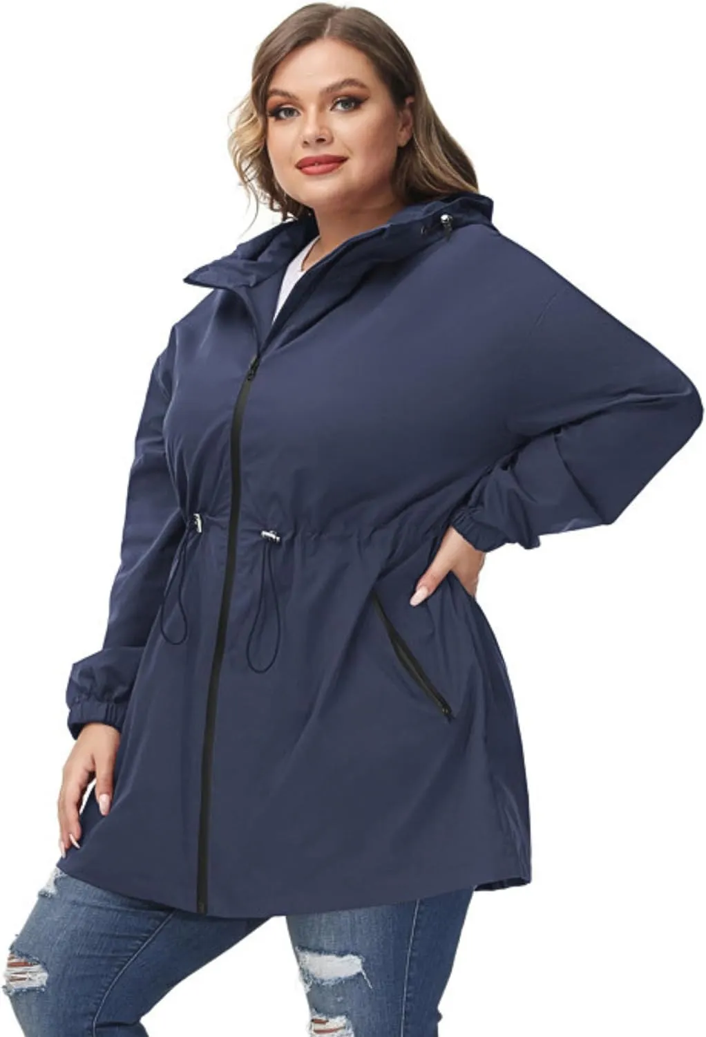 Hanna Nikole Women's Plus Size Long Hooded Raincoat Lightweight Waterproof Windbreaker Jacket