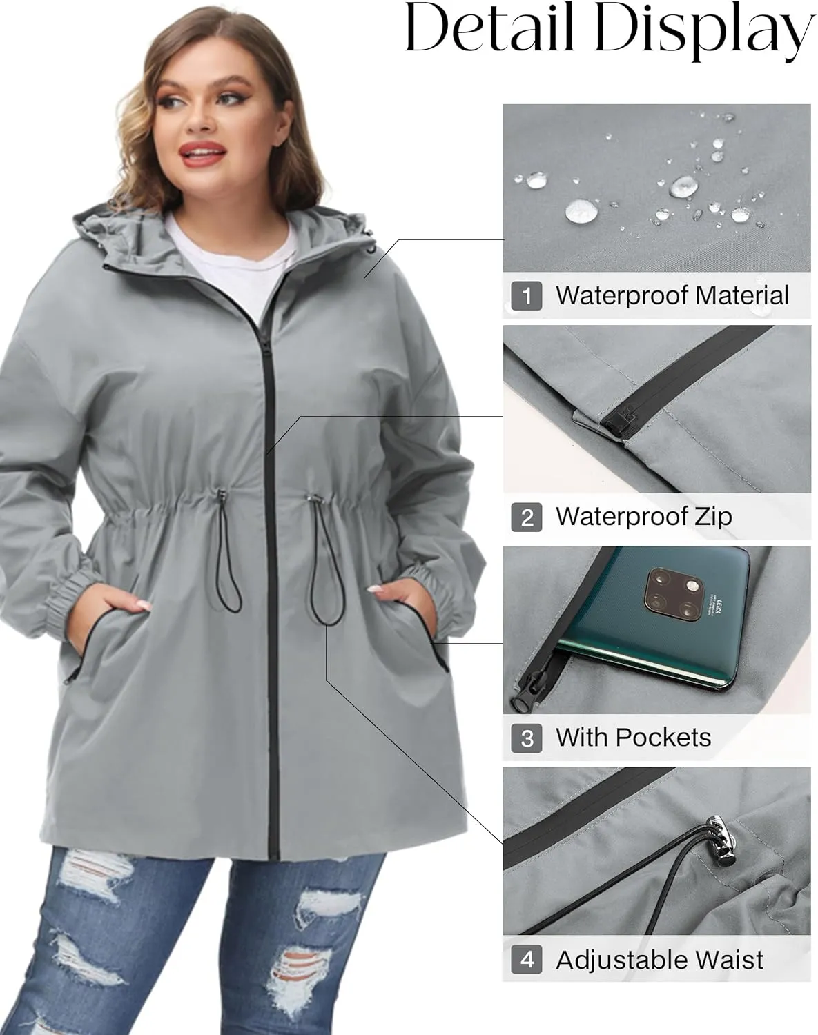 Hanna Nikole Women's Plus Size Long Hooded Raincoat Lightweight Waterproof Windbreaker Jacket