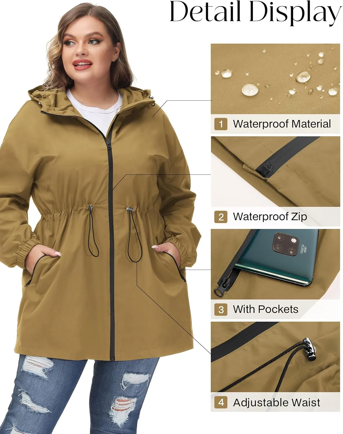 Hanna Nikole Women's Plus Size Long Hooded Raincoat Lightweight Waterproof Windbreaker Jacket