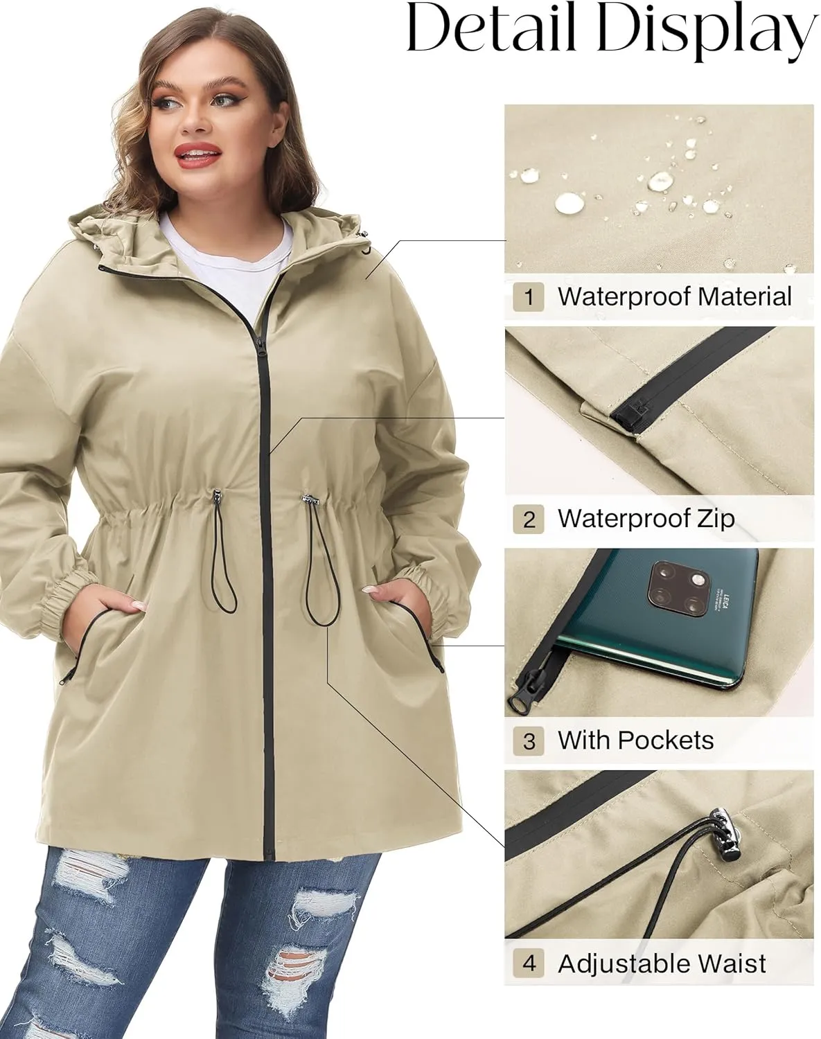 Hanna Nikole Women's Plus Size Long Hooded Raincoat Lightweight Waterproof Windbreaker Jacket