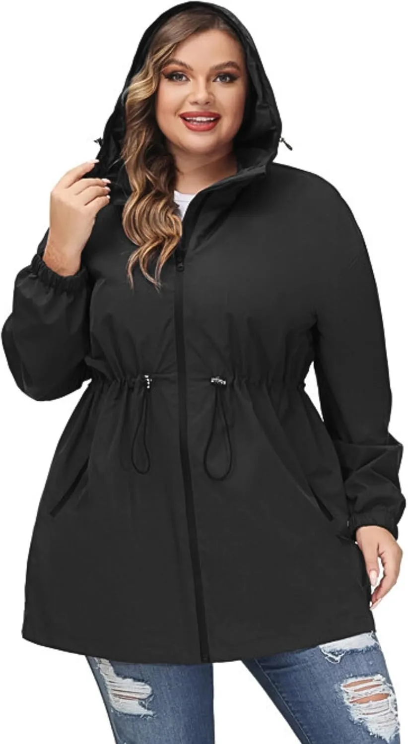 Hanna Nikole Women's Plus Size Long Hooded Raincoat Lightweight Waterproof Windbreaker Jacket