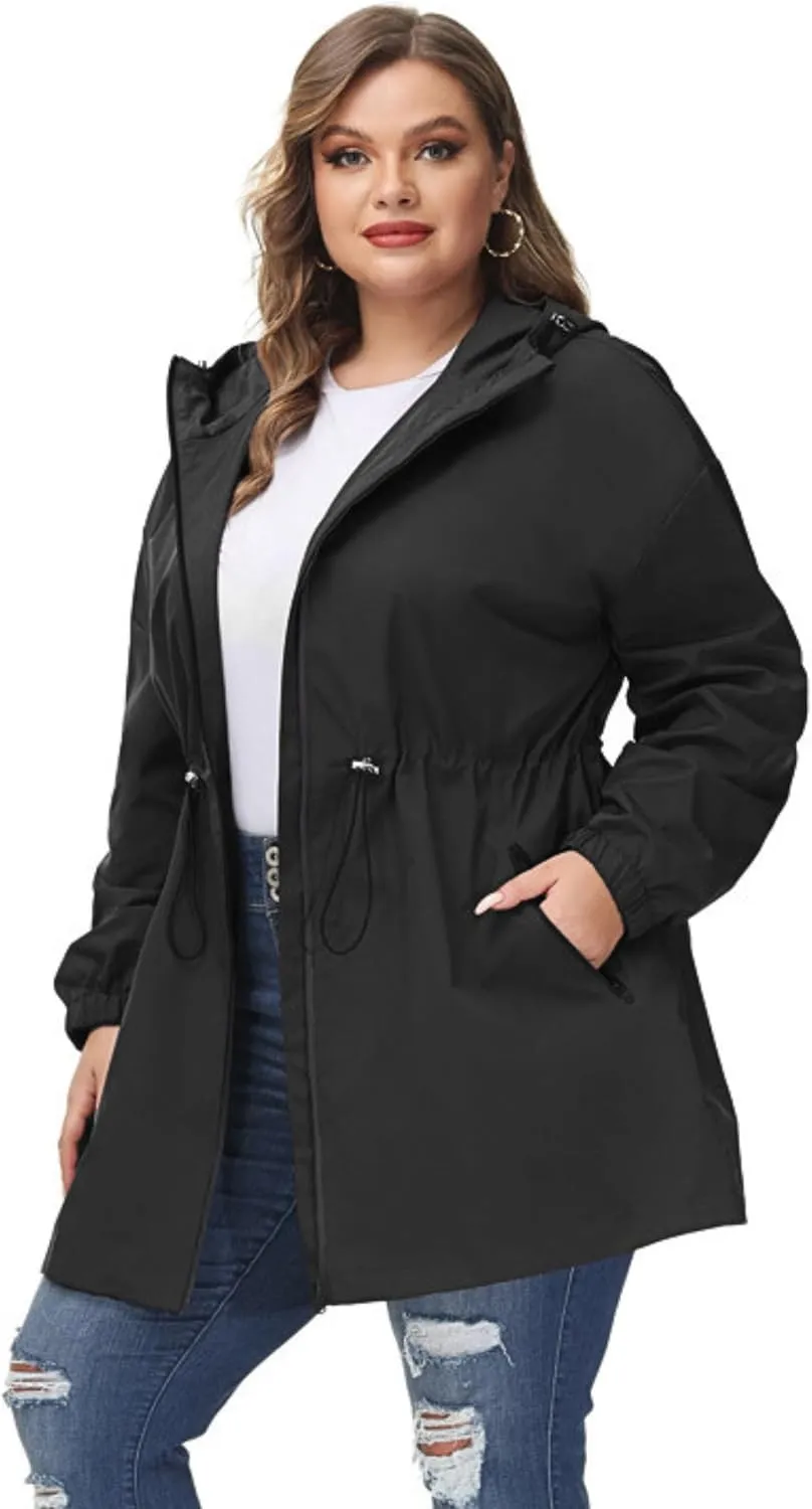 Hanna Nikole Women's Plus Size Long Hooded Raincoat Lightweight Waterproof Windbreaker Jacket