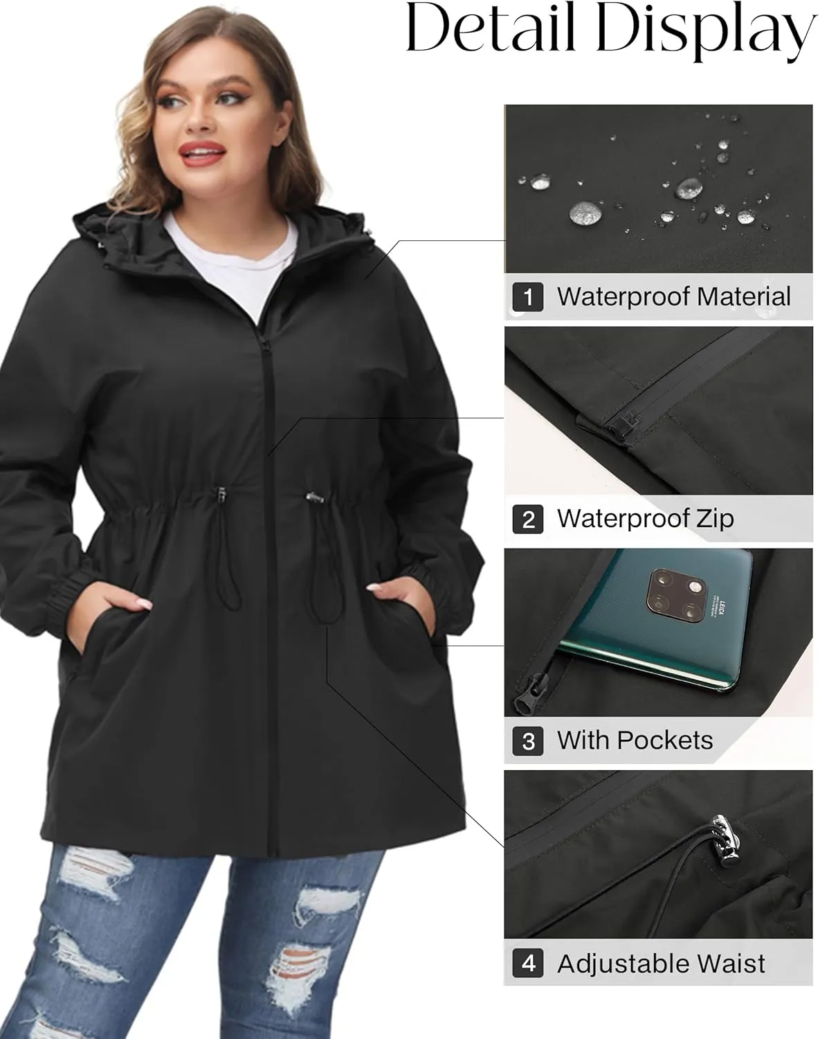 Hanna Nikole Women's Plus Size Long Hooded Raincoat Lightweight Waterproof Windbreaker Jacket