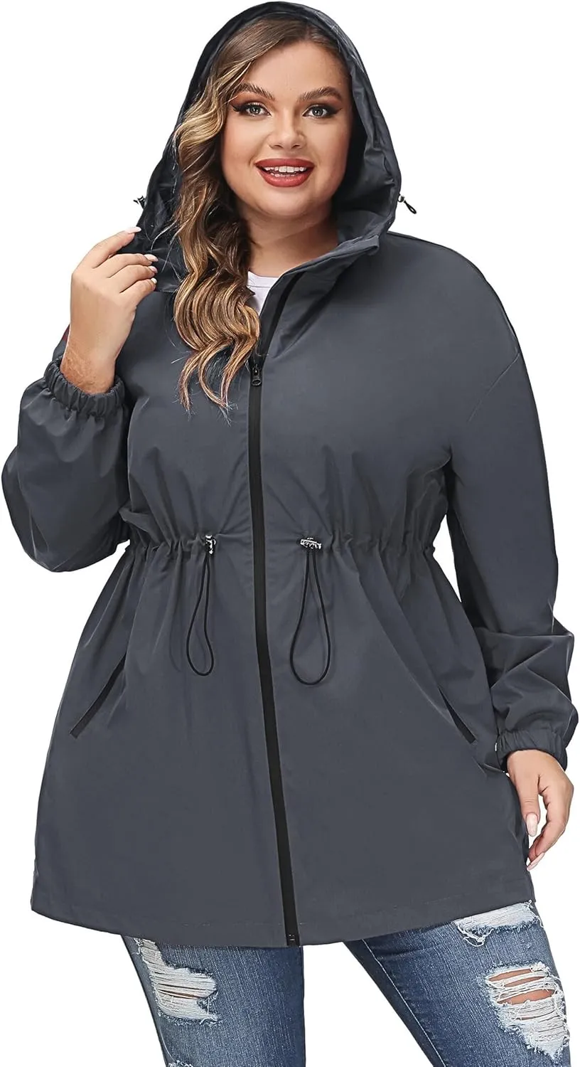 Hanna Nikole Women's Plus Size Long Hooded Raincoat Lightweight Waterproof Windbreaker Jacket