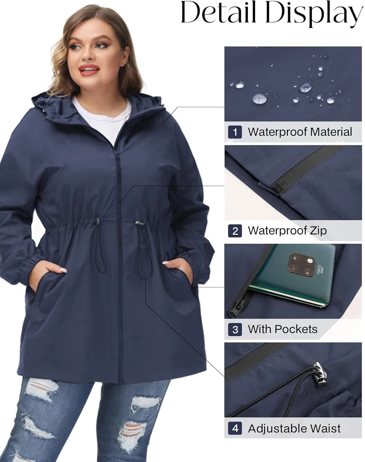 Hanna Nikole Women's Plus Size Long Hooded Raincoat Lightweight Waterproof Windbreaker Jacket