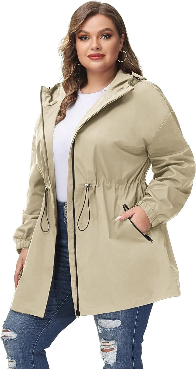 Hanna Nikole Women's Plus Size Long Hooded Raincoat Lightweight Waterproof Windbreaker Jacket