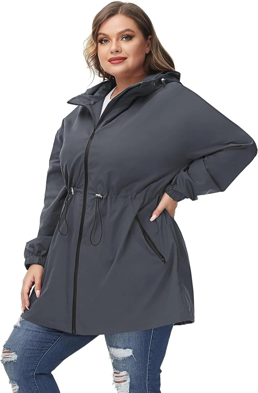 Hanna Nikole Women's Plus Size Long Hooded Raincoat Lightweight Waterproof Windbreaker Jacket