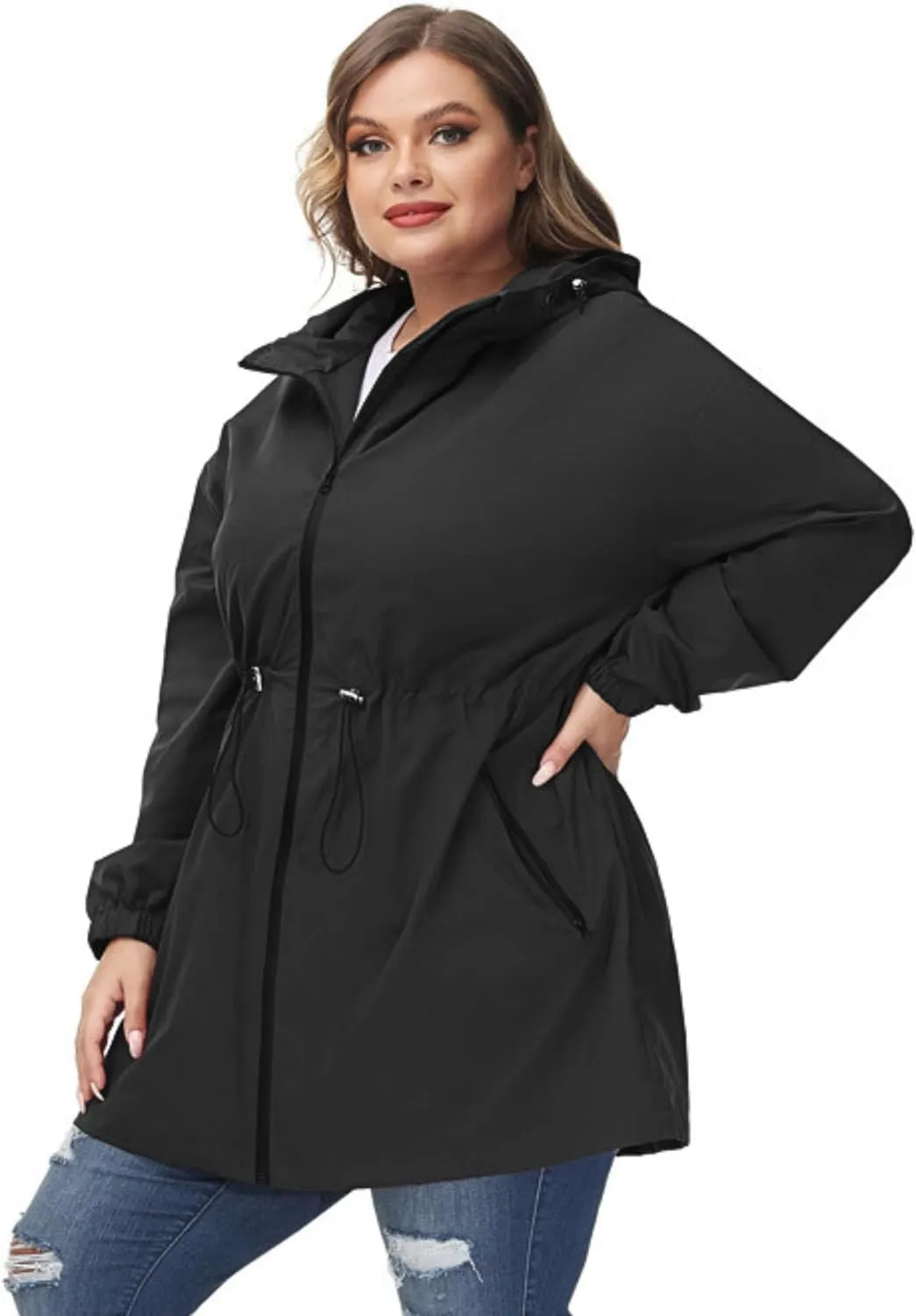 Hanna Nikole Women's Plus Size Long Hooded Raincoat Lightweight Waterproof Windbreaker Jacket