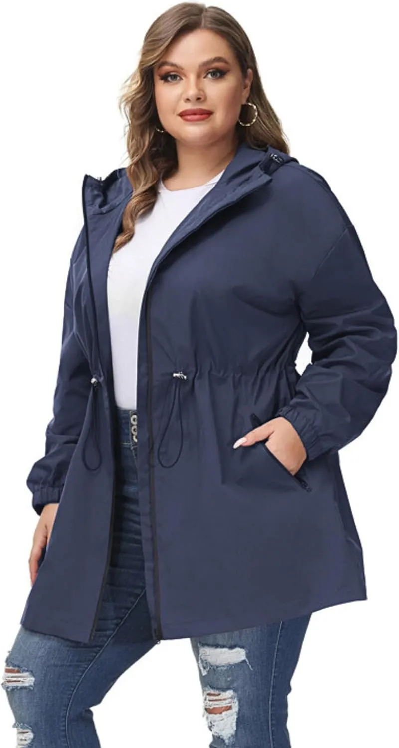 Hanna Nikole Women's Plus Size Long Hooded Raincoat Lightweight Waterproof Windbreaker Jacket