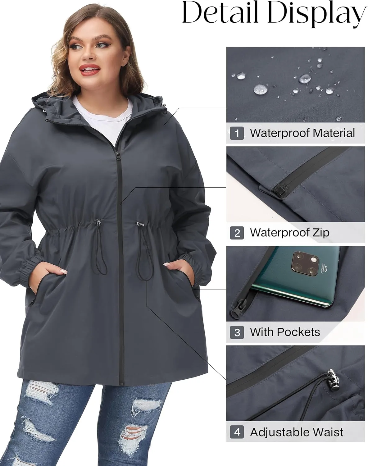 Hanna Nikole Women's Plus Size Long Hooded Raincoat Lightweight Waterproof Windbreaker Jacket