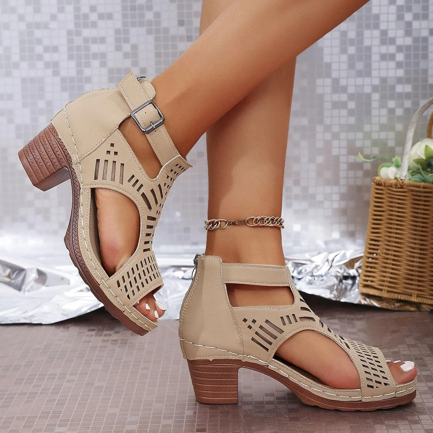Heeled Sandals Women's Low Block Chunky Heels Sandals Fish Mouth Breathable Hollow Out Walking Shoes Adjustable Ankle Strap Wide Available Shoes for Summer And Daily Wear