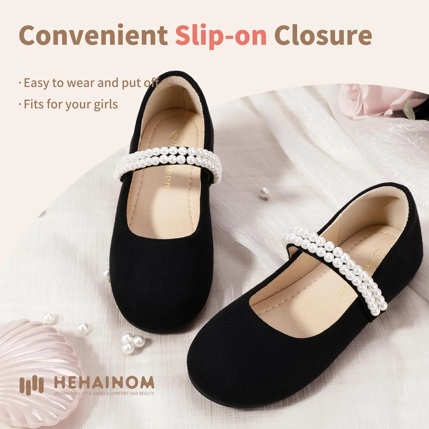 Hehainom Toddler Flower Girls Dress Shoes, Mary Jane Princess Ballet Flats with Bow and Peals for Party School