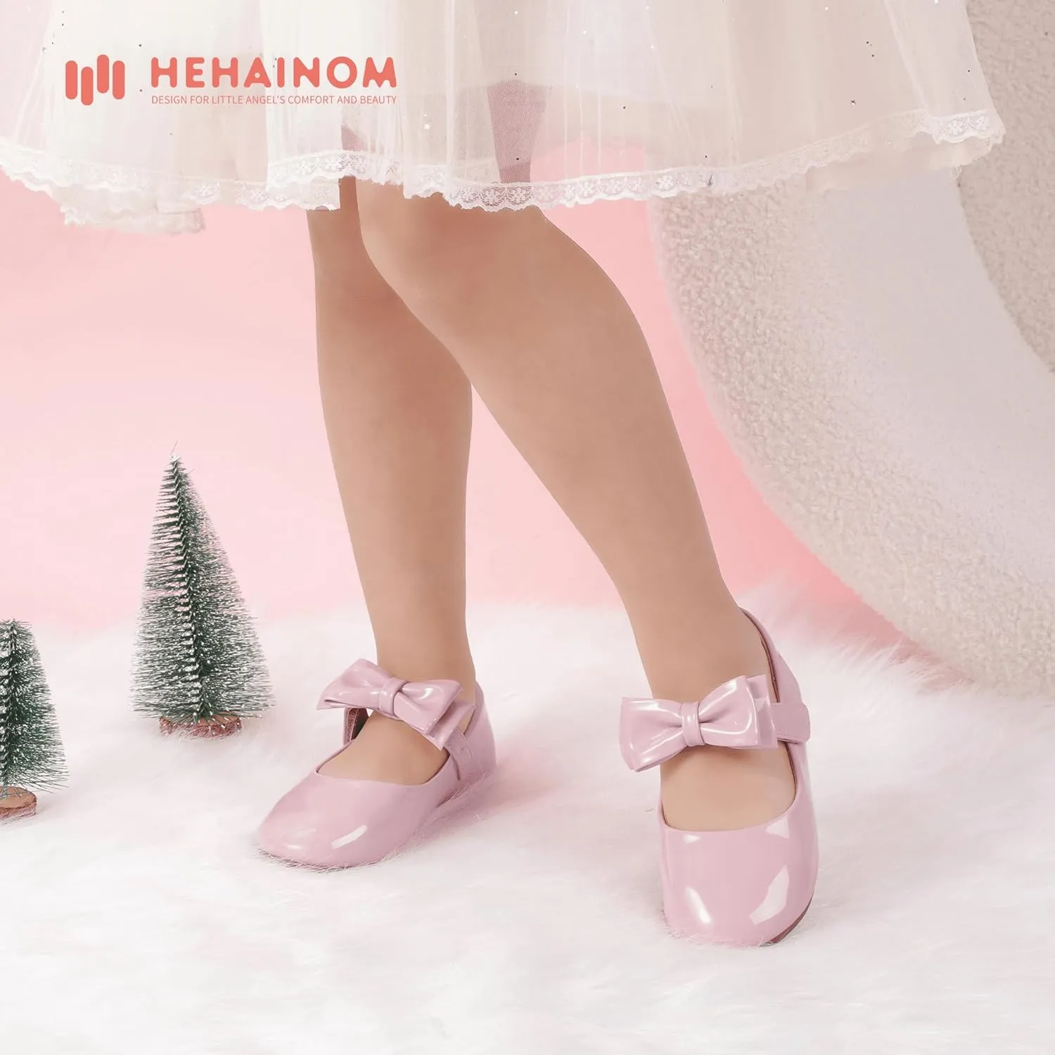 Hehainom Toddler Flower Girls Dress Shoes, Mary Jane Princess Ballet Flats with Bow and Peals for Party School