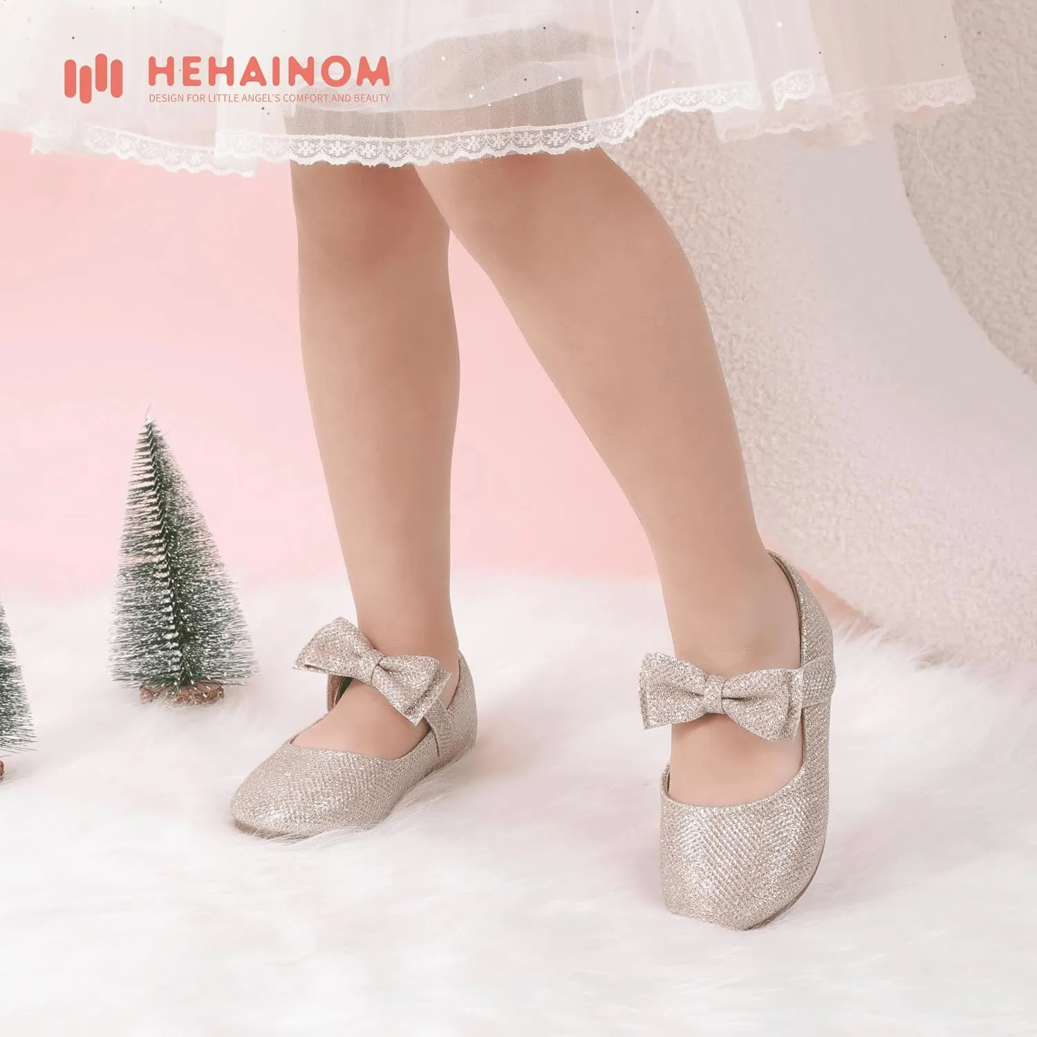 Hehainom Toddler Flower Girls Dress Shoes, Mary Jane Princess Ballet Flats with Bow and Peals for Party School
