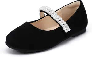 Hehainom Toddler Flower Girls Dress Shoes, Mary Jane Princess Ballet Flats with Bow and Peals for Party School