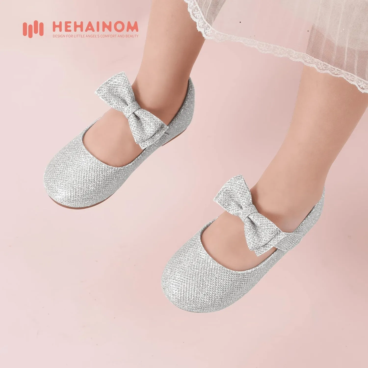 Hehainom Toddler Flower Girls Dress Shoes, Mary Jane Princess Ballet Flats with Bow and Peals for Party School