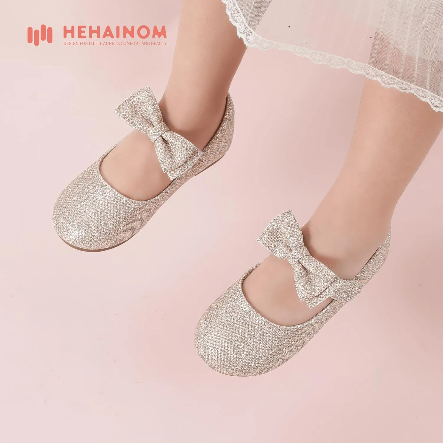 Hehainom Toddler Flower Girls Dress Shoes, Mary Jane Princess Ballet Flats with Bow and Peals for Party School